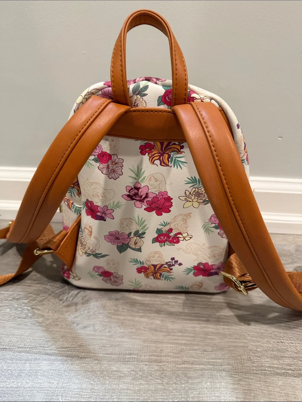 Loungefly Disney Floral Mini Backpack in White with Pink, Purple & Tan Accents - Picture 2 of 4